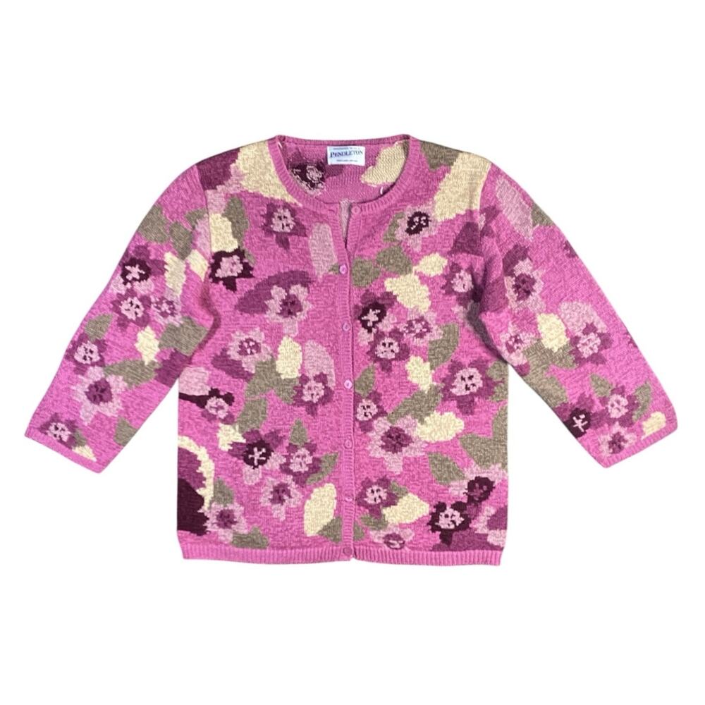 Vintage 80s Pendleton Flower Crochet Knit Cardigan - M